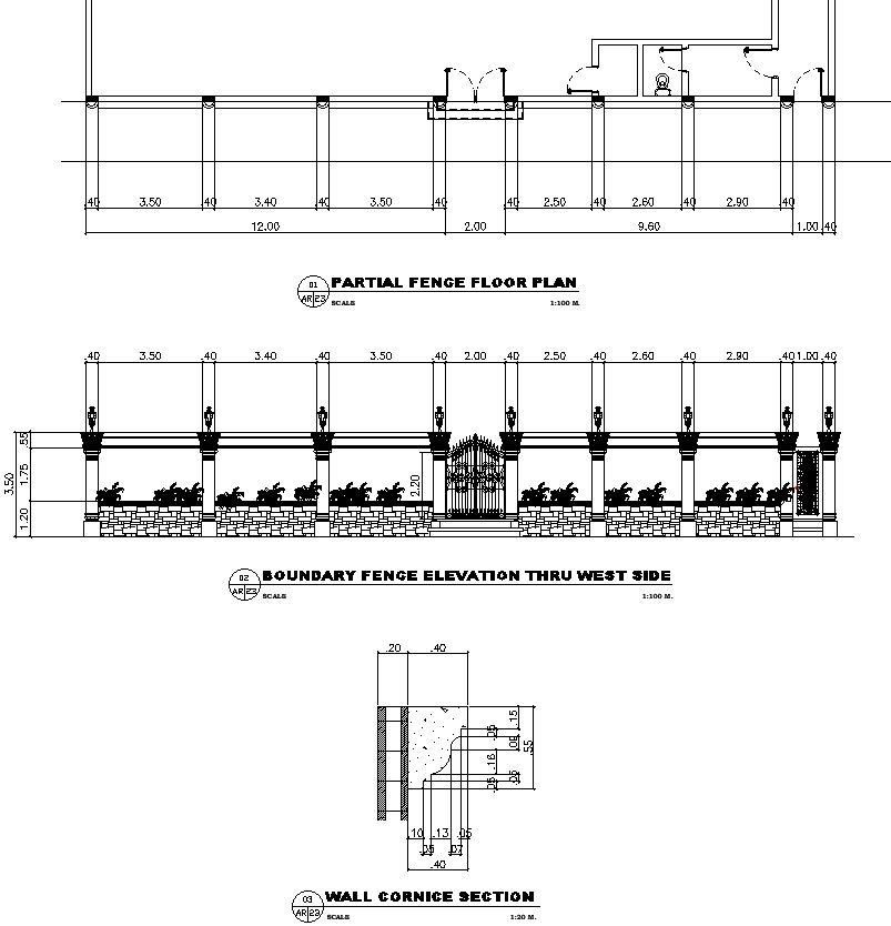 Boundary fenge elevation through west side with detail AutoCAD drawing
