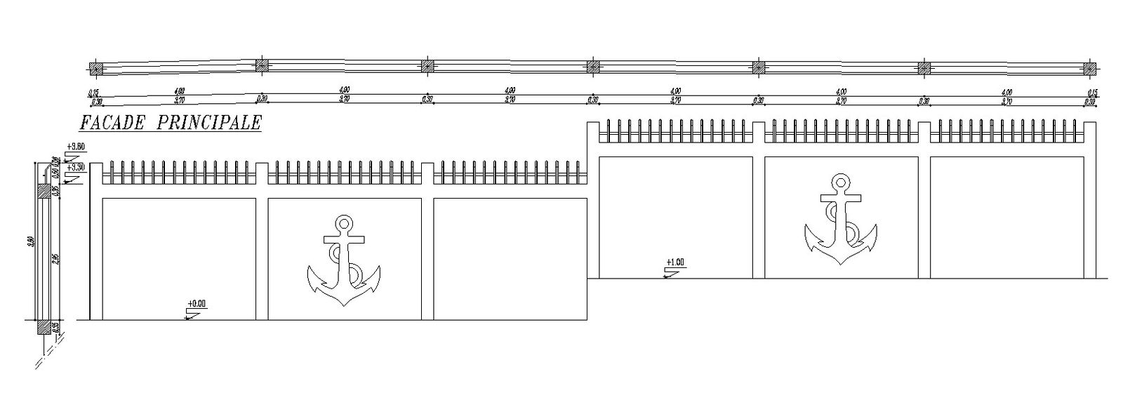Boundary wall section and elevation details in AutoCAD 2D drawing, CAD file, dwg file