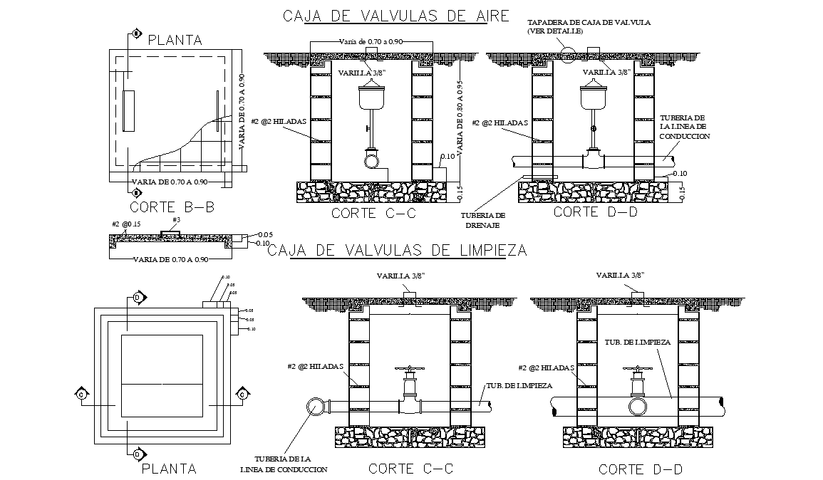 Box of air valve plan and section detail dwg file