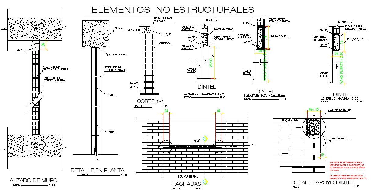 Brick wall elevation and section plan detail dwg file