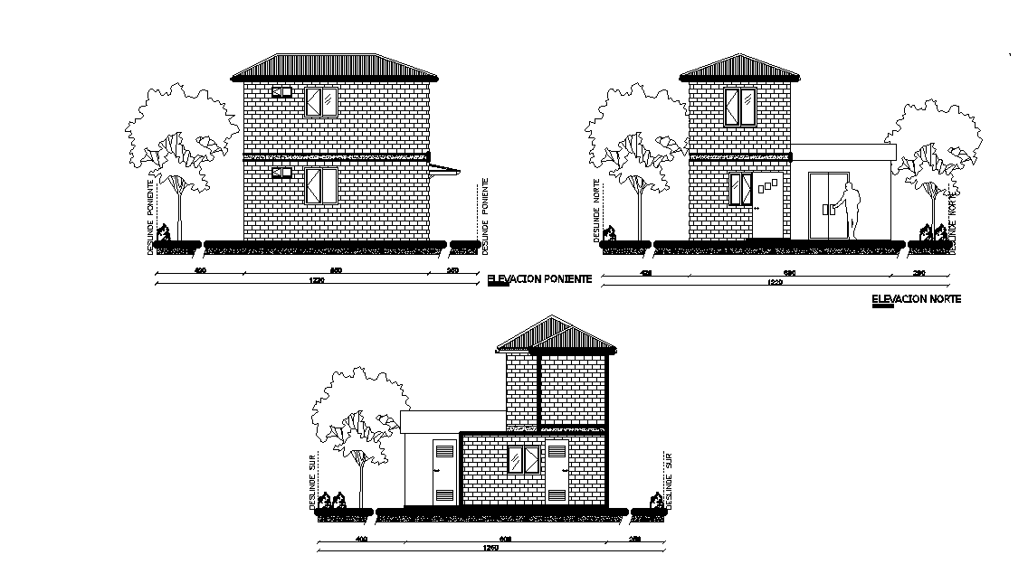 Brick Wall House Building Elevation Design Download DWG File