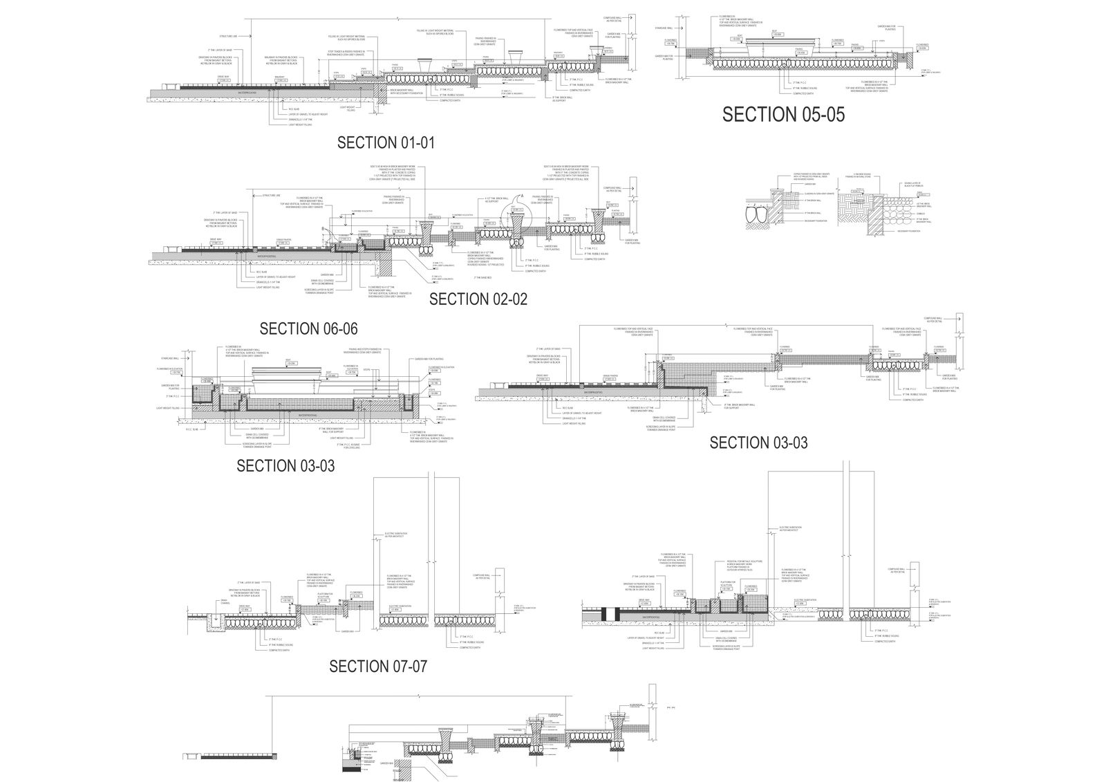 Brick masonry wall with foundation detail and section detail of basement parking DWG AutoCAD drawing