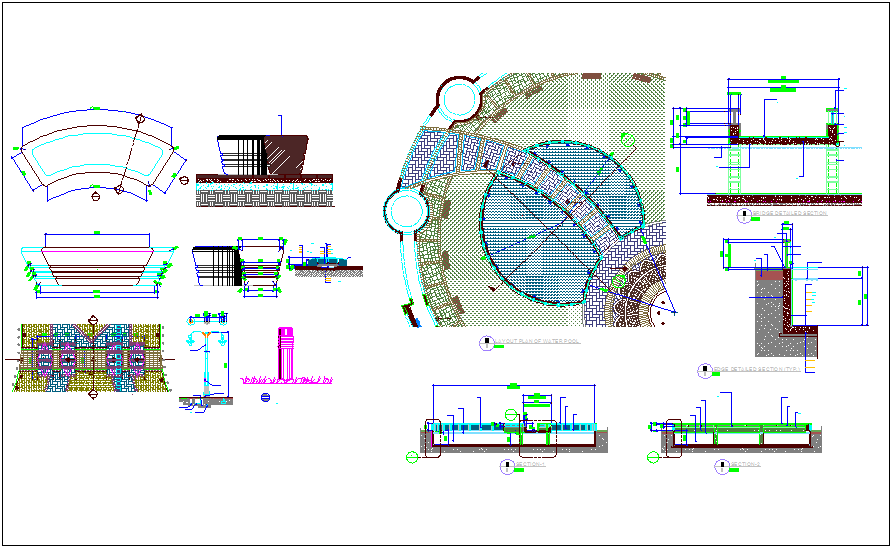 Bridge section view with water pool and bollard detail dwg file