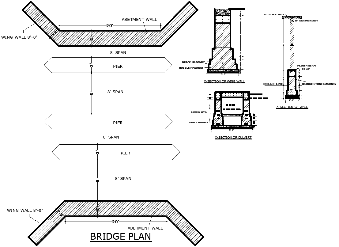 Bridge Plan with Wall And Section Details AutoCAD DWG File