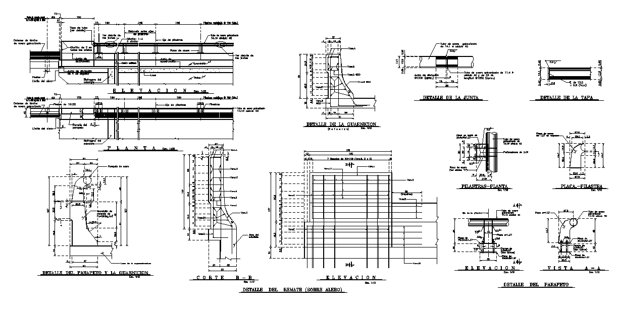 Bridge parapet wall plan is given in this Autocad drawing file.Download now.