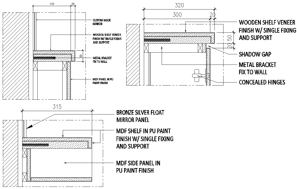 Bronze silver float mirror panel with mdf shelf in pu paint dwg autocad drawing .