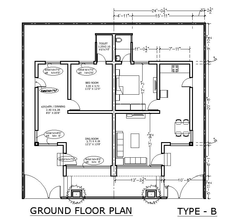 B type 41’x38’ house plan is given in this AutoCAD drawing model. Download now.