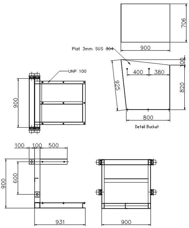 Bucket design of the incinerator plant in AutoCAD 2D drawing, CAD file, dwg file
