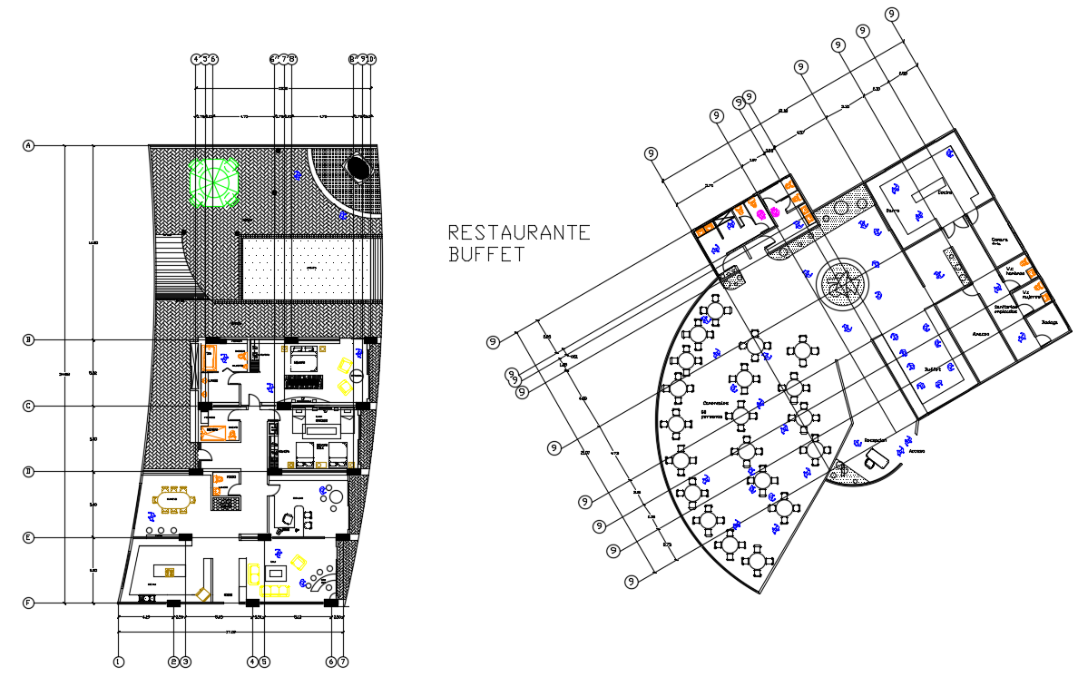 Buffet Restaurant Layout Plan AutoCAD With Furniture Design DWG File