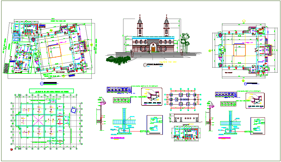 Building front elevation view and plan with construction detail dwg file