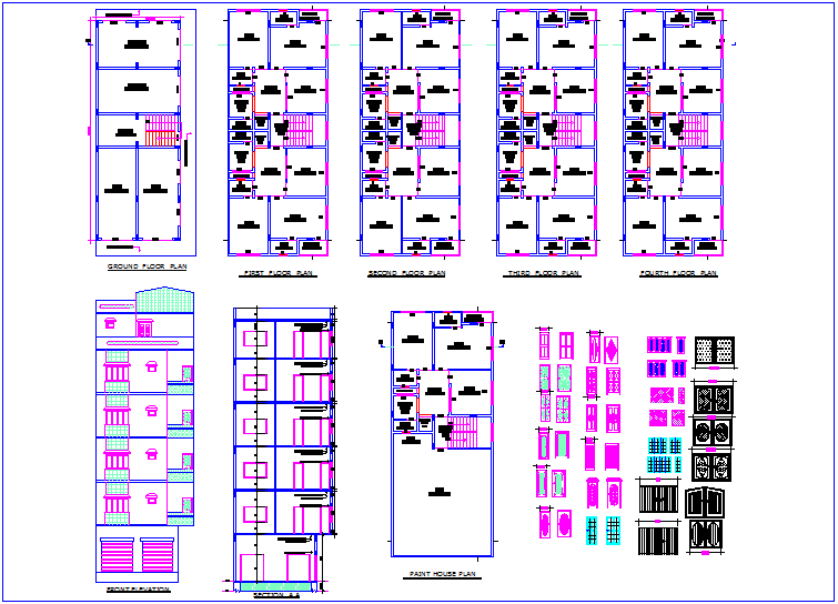 Building plan and elevation view with door view and door design dwg file