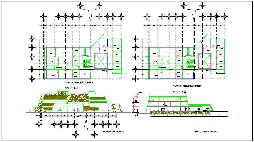Building plan center line plan detail and elevation plan detail dwg file