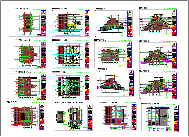 Building plan view with elevation,section and pattern plan dwg file