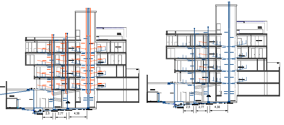 Building section with sanitary installation details dwg file