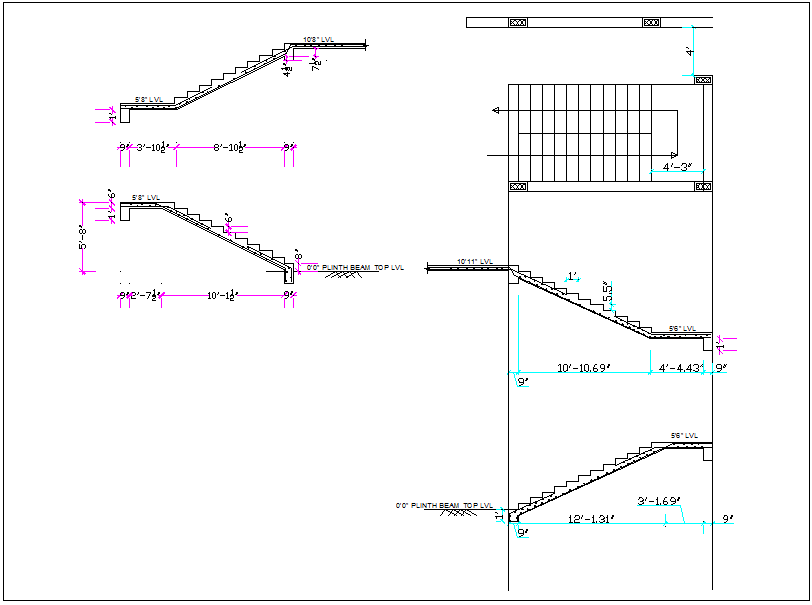 Building stair elevation section view and plan view detail dwg file