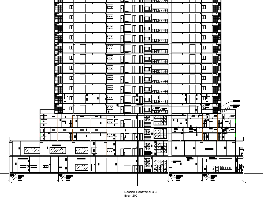 Building trade with office sand apartments plan section B-B’ detail dwg file