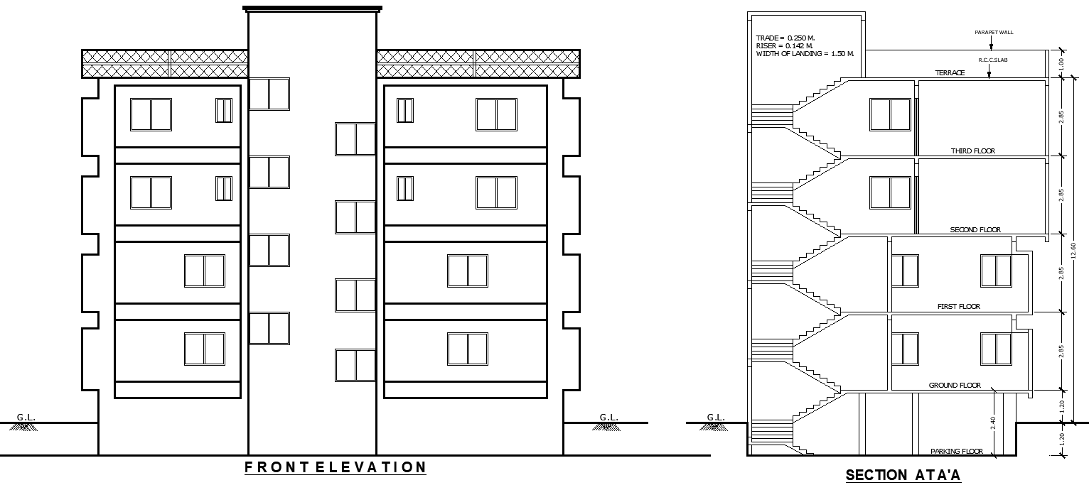 Building Front Elevation and Section Details AutoCAD DWG File