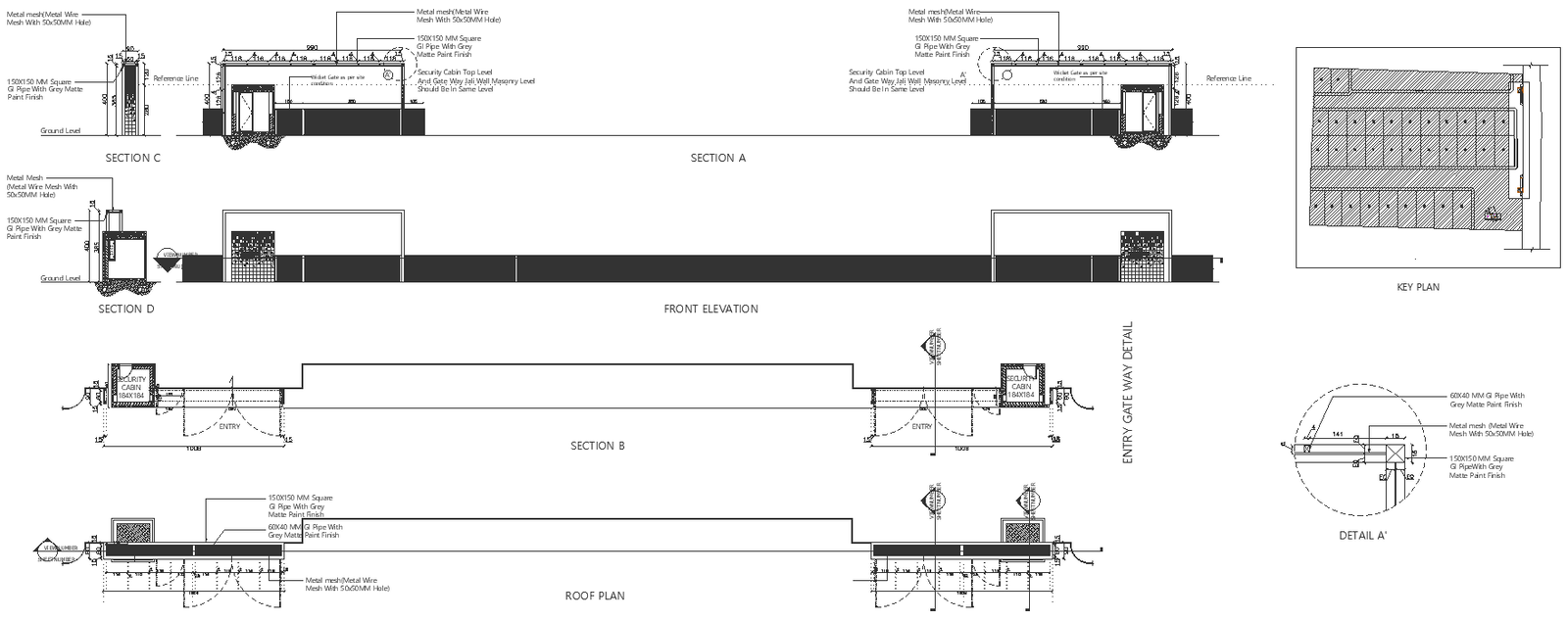 Building Main Entry gate front elevation and detail section DWG AutoCAD file