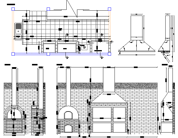 Built-in outdoor barbecue and clay-oven architecture project dwg file