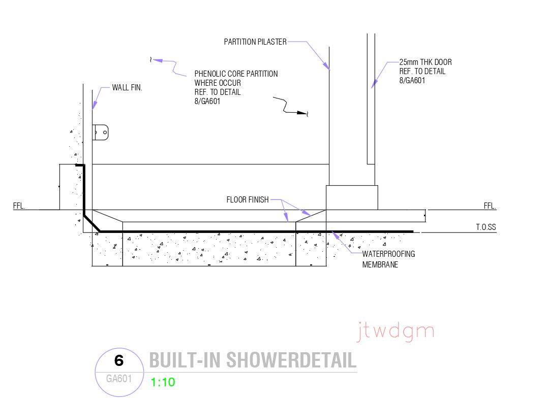 Built in shower detail in AutoCAD 2D drawing, dwg file, CAD file