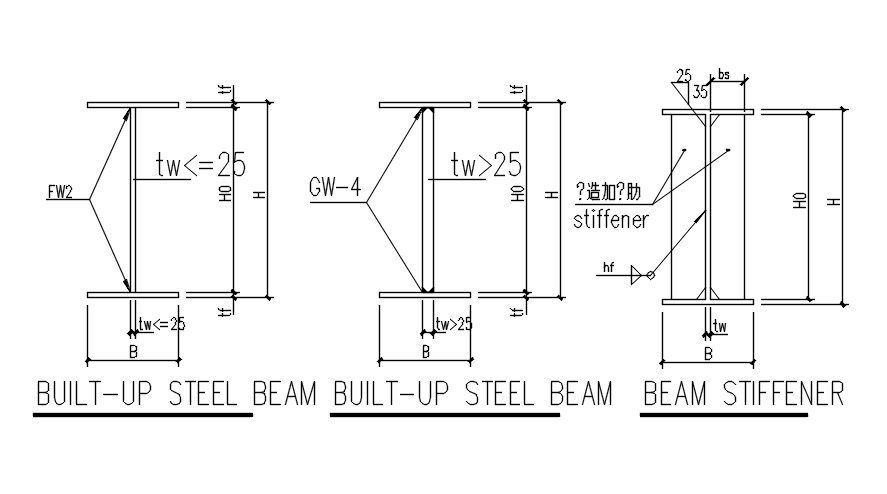 Built up steel beam in AutoCAD 2D drawing, dwg file, CAD file