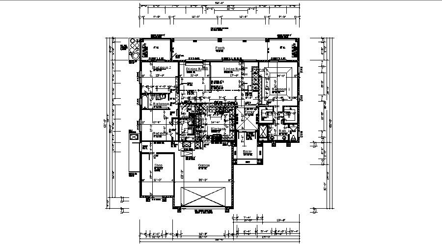 Bungalow 58' x 62' with detail dimension in AutoCAD file