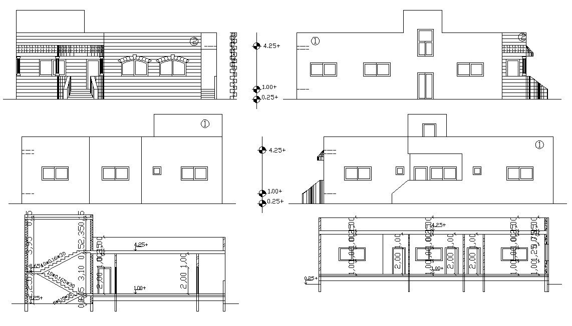 Bungalow Elevation and Sectional Design AutoCAD Drawing