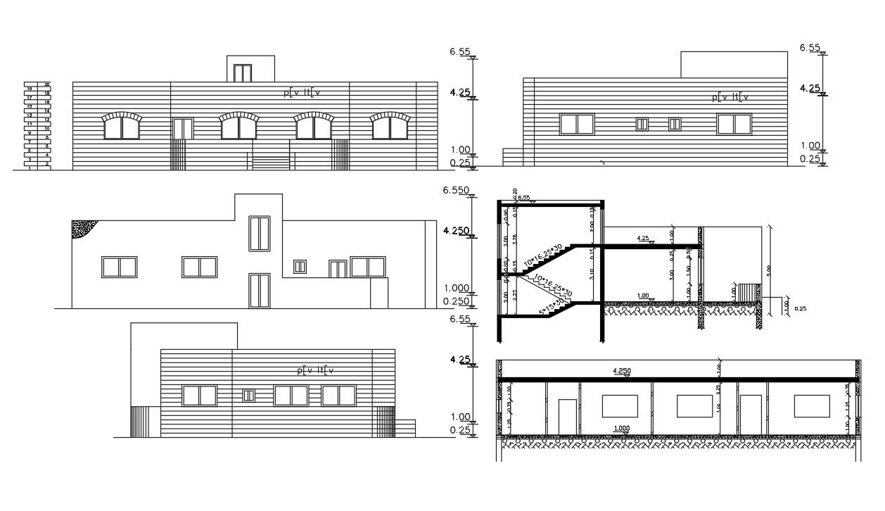 Bungalow Four Side Elevations And Sections Design AutoCAD File