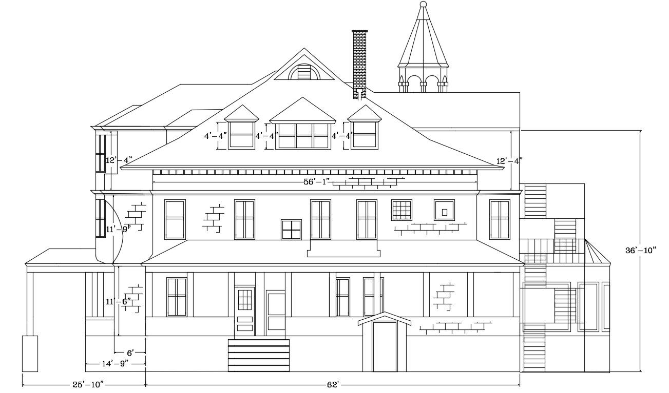 Bungalow Front Elevation Design With Dimension DWG File