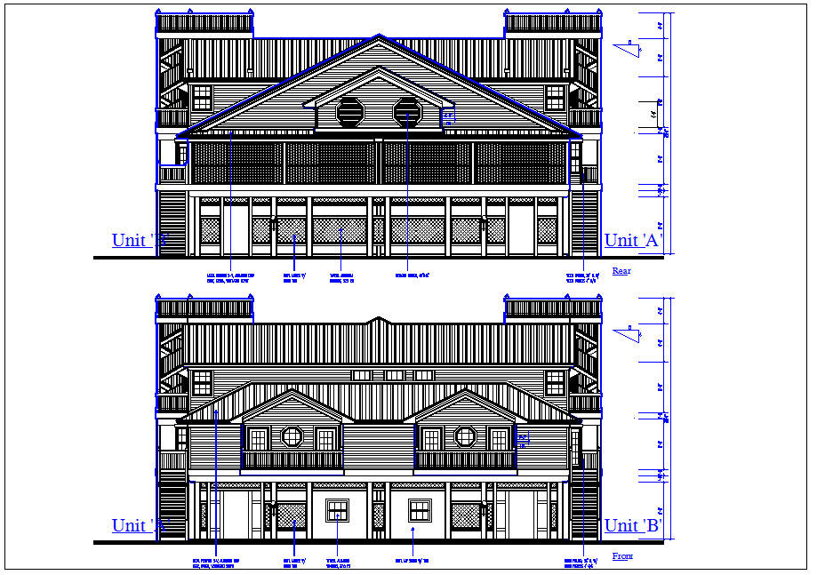 Bungalow House elevation view detail dwg file