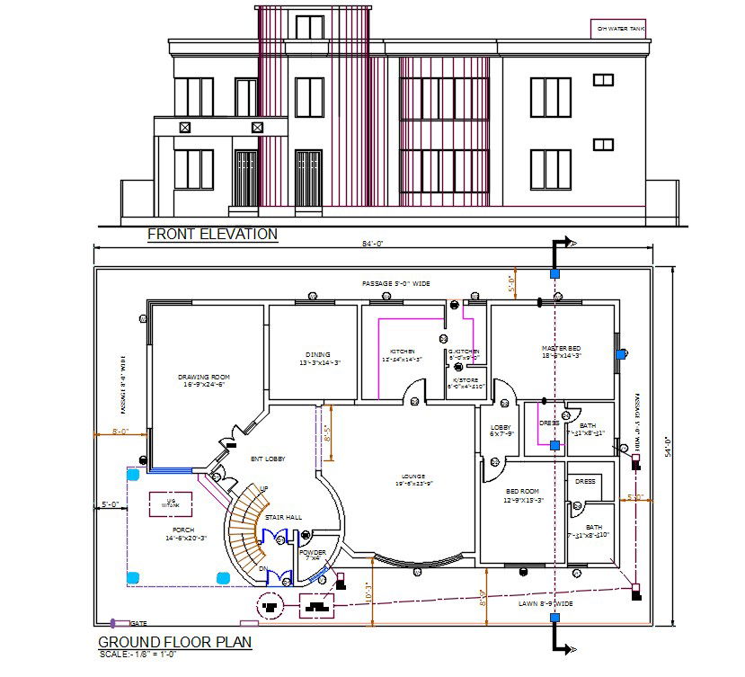 Bungalow Layout Plan With Front Elevation Design AutoCAD File