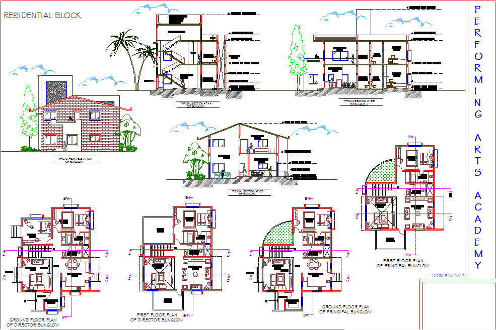 Bungalow Plan, elevation and section detail dwg file