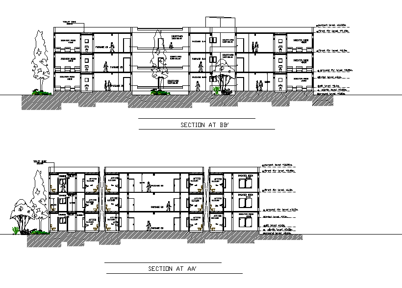 Bungalow Plan, elevation and section detail dwg file
