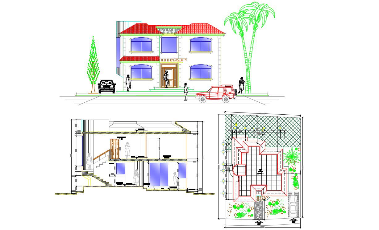 Bungalow Plan Elevation Section With Basic Rendered AutoCAD File Free