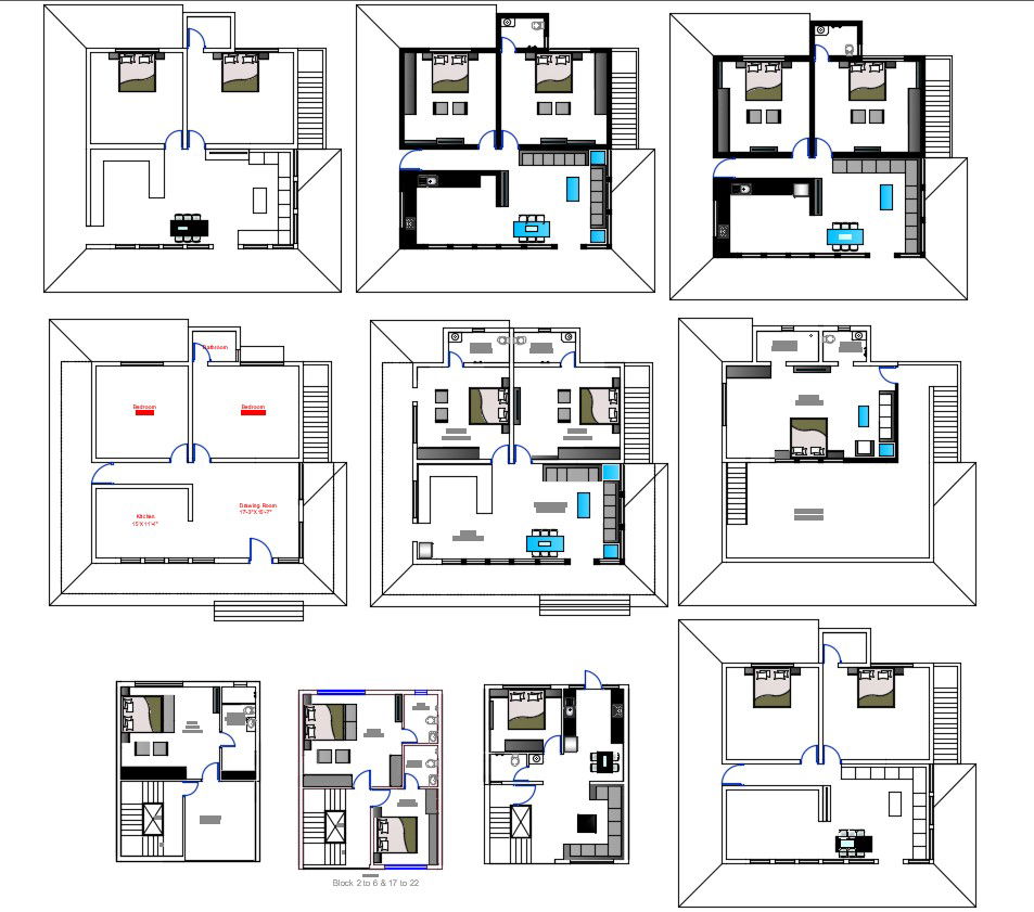 Bungalow Planning With Different Types Of Furniture Layout Design AutoCAD file