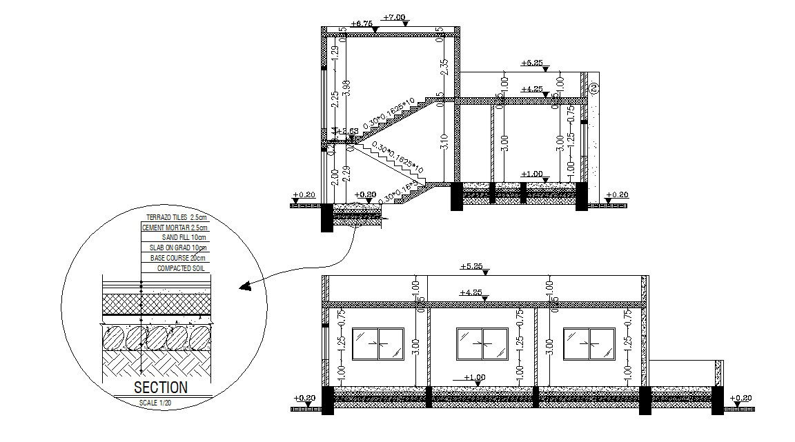 Bungalow Sectional View 2d AutoCAD Drawing Download