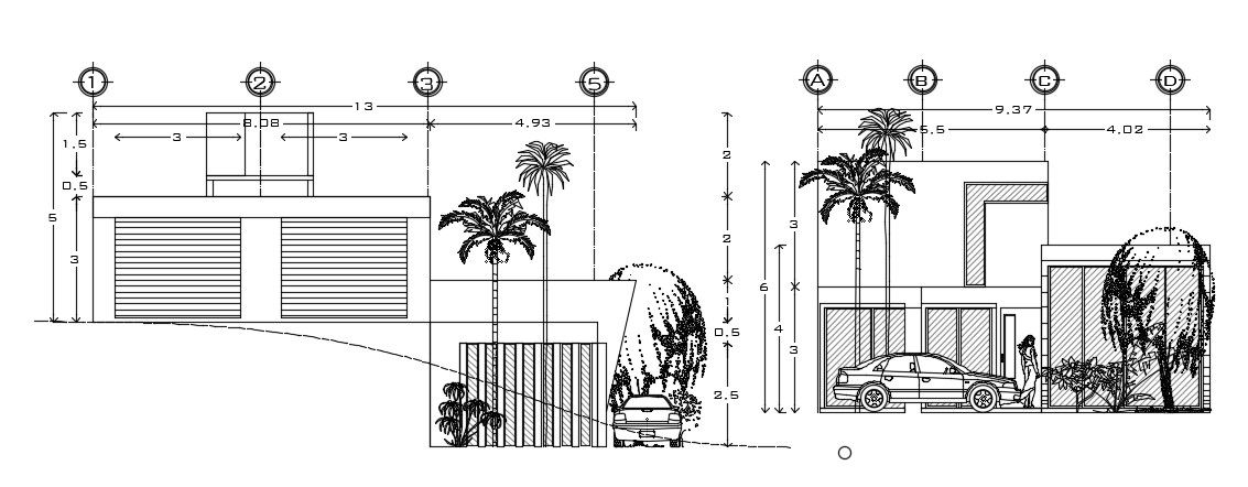 Bungalow Two Elevation With Some Landscape AutoCAD File