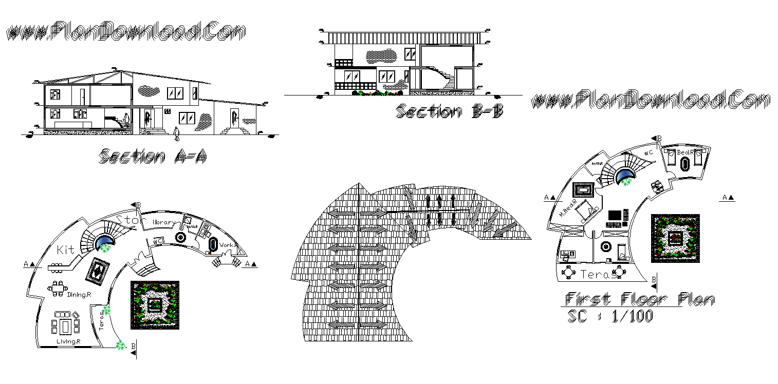 Bungalow building detail section and plan 2d view layout file