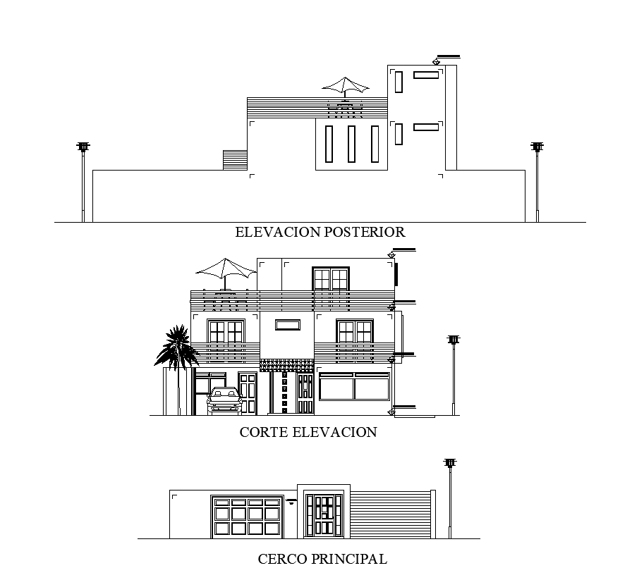 Bungalow building structure detail elevation 2d view layout dwg file