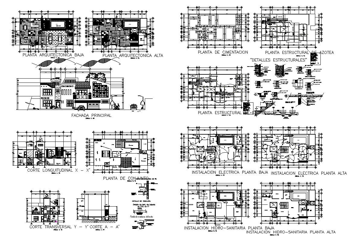Bungalow building structure detail plan, elevation and section 2d view autocad file