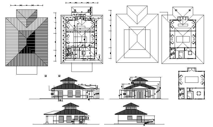 Bungalow drawing with elevations in dwg file