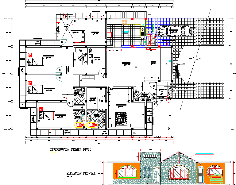 Bungalow elevation and top view layout plan