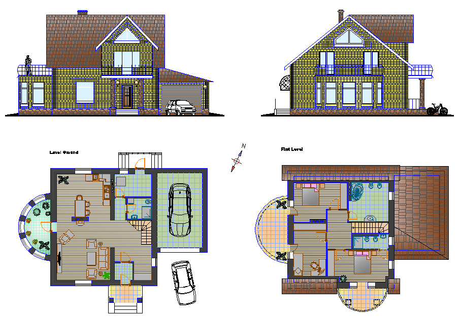 Bungalow elevation and top view layout plan