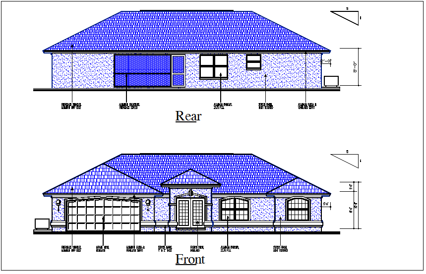 Bungalow elevation view detail dwg file
