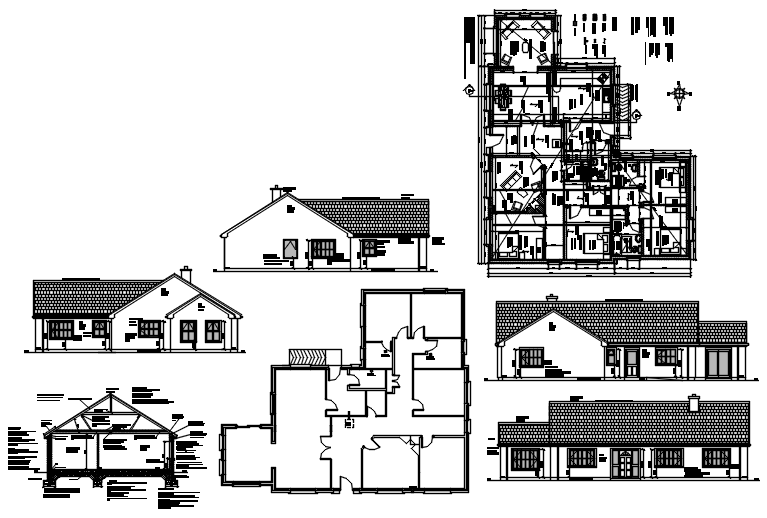 Bungalow plan 15.300mtr x 18.715 with elevation and section in dwg file