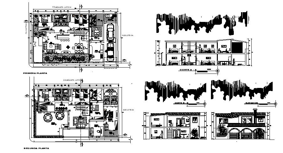 Bungalow plan 18.61mtr x 11.02mtr with section and elevation in AutoCAD