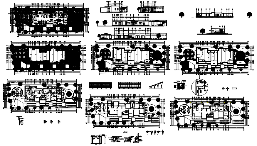 Bungalow plan 72.02mtr x 25.00mtr with elevation and section in dwg file