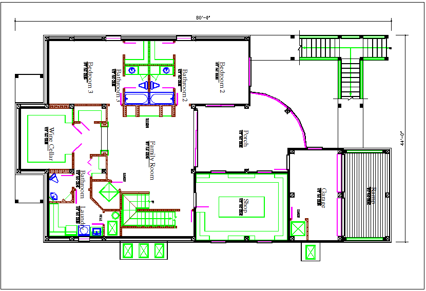 Bungalow plan layout view detail dwg file