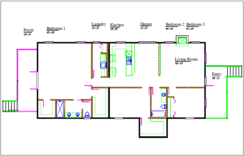 Bungalow plan view details dwg file