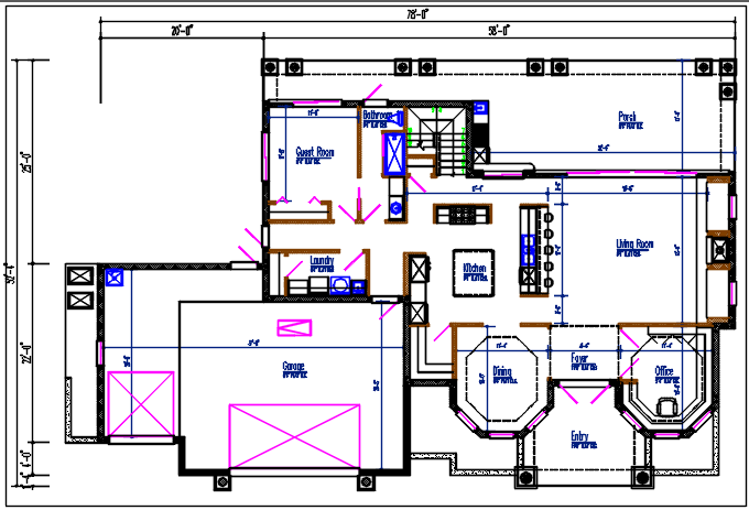 Bungalow plan view details dwg file